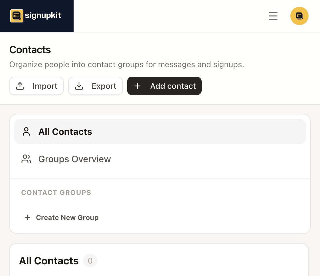 Contacts page with Import, Export, Add contact, and Create New Group