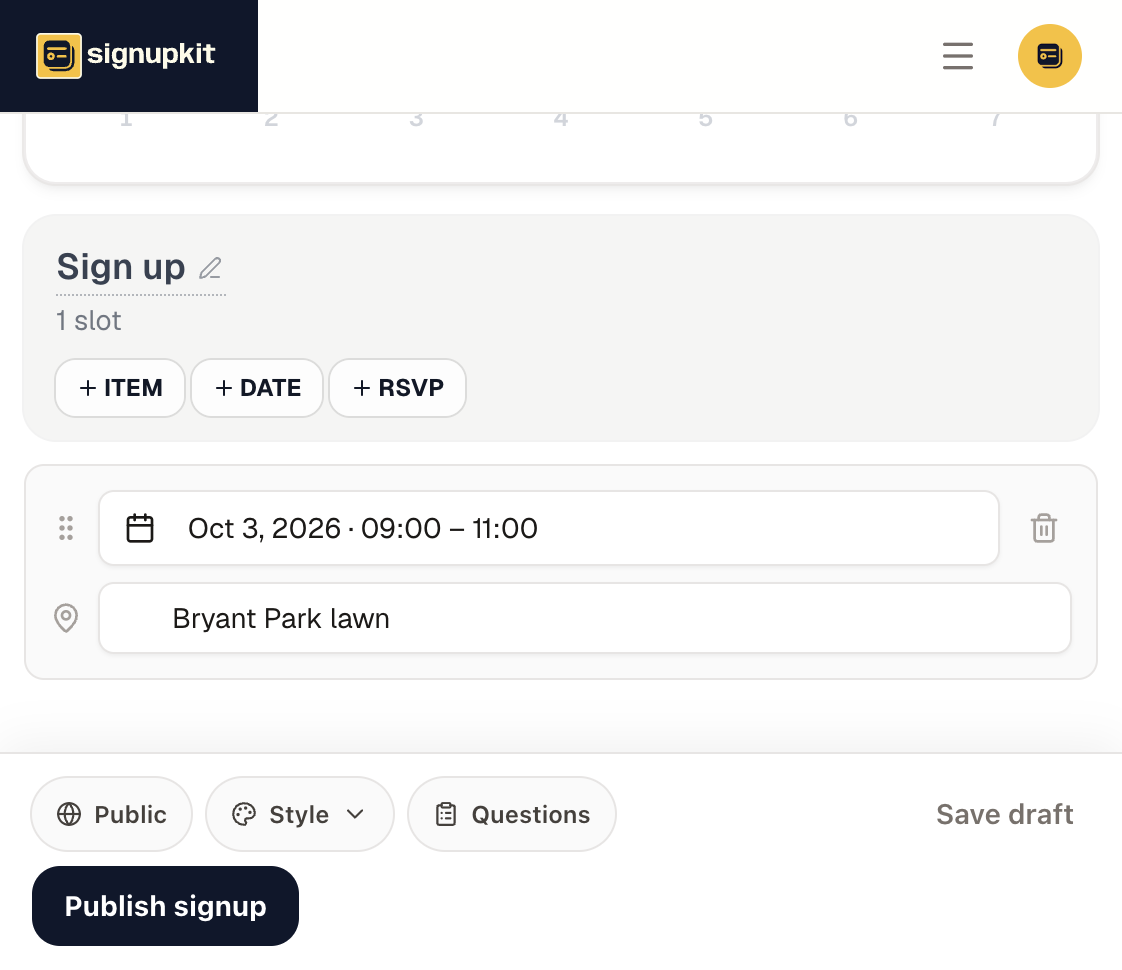 The slots section with Item, Date, and RSVP buttons above an empty list