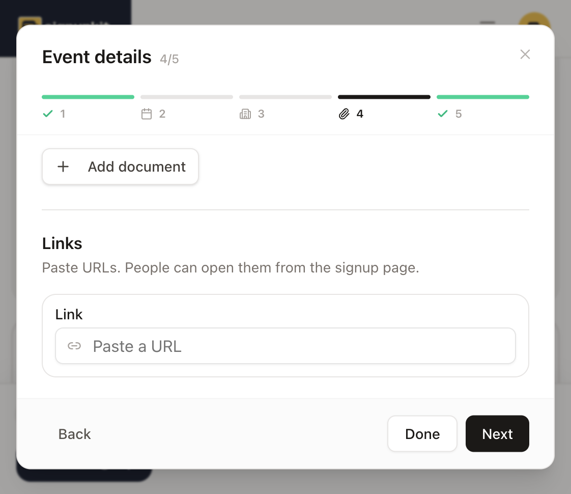 Attachments step with an Add document button and an empty links field