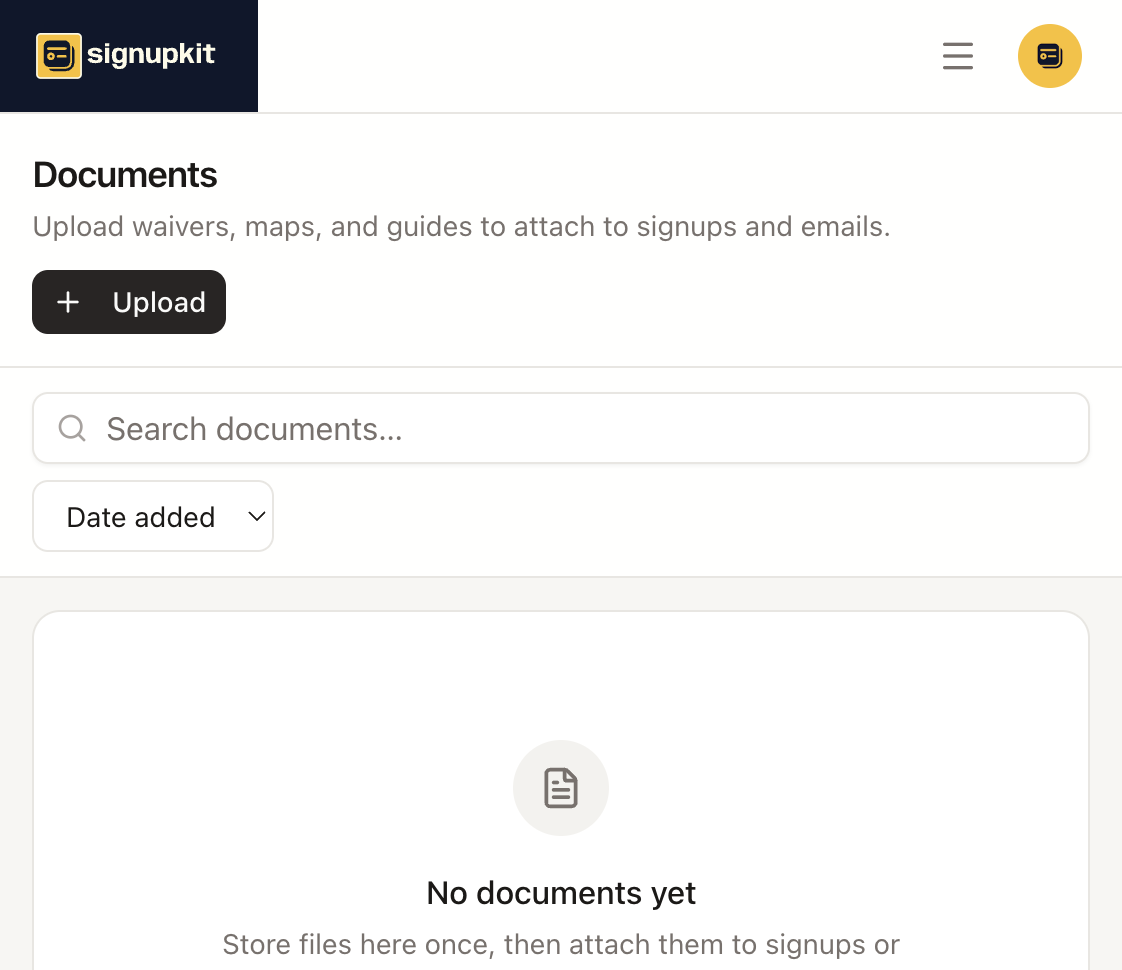 Documents page with an Upload button, search, and an empty library