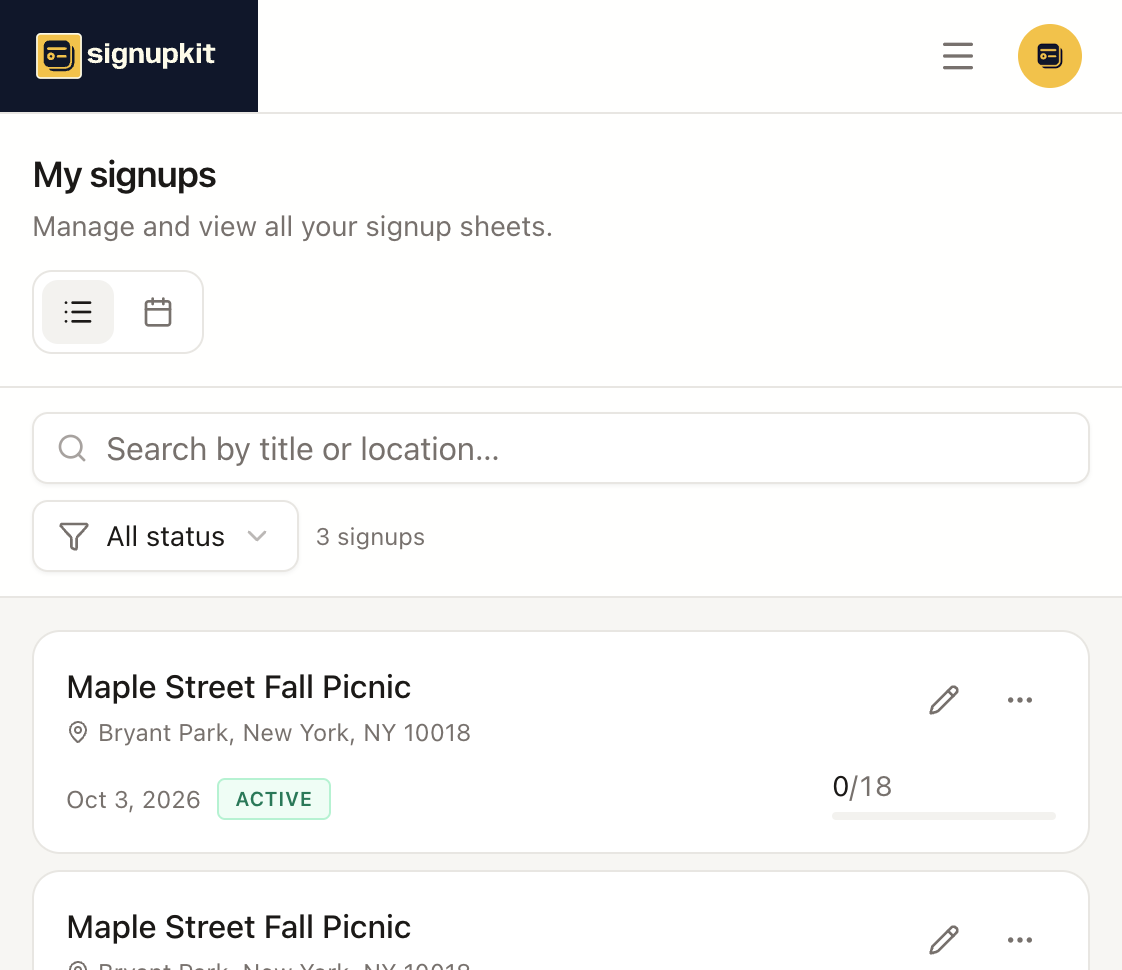 My signups list with search, a status filter, and signup cards