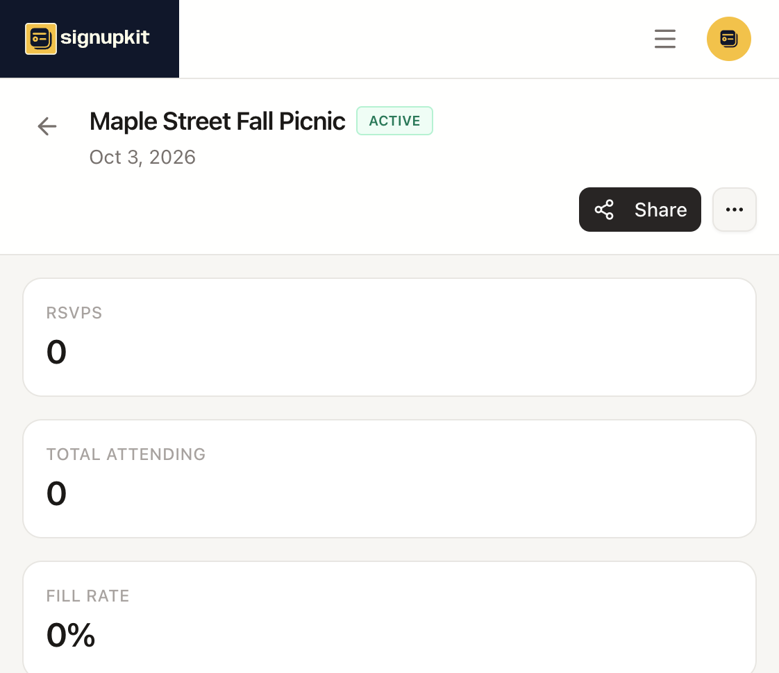 Signup overview with RSVP count, total attending, and fill rate