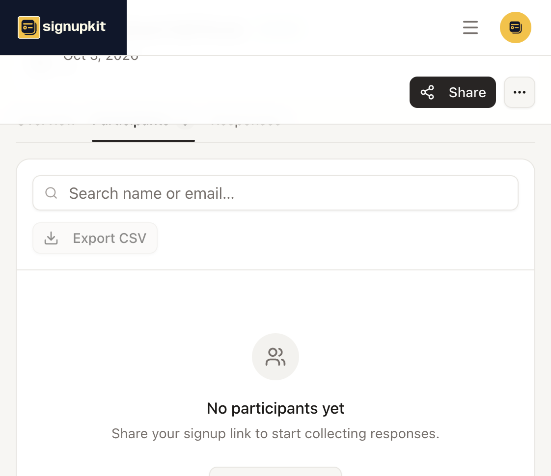 Participants tab with search and an Export CSV button