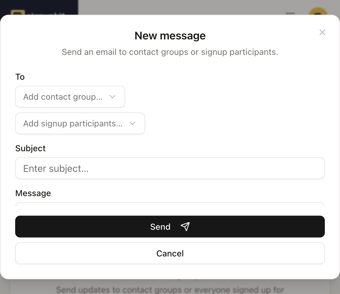 New message dialog with contact group, signup participants, subject, and message