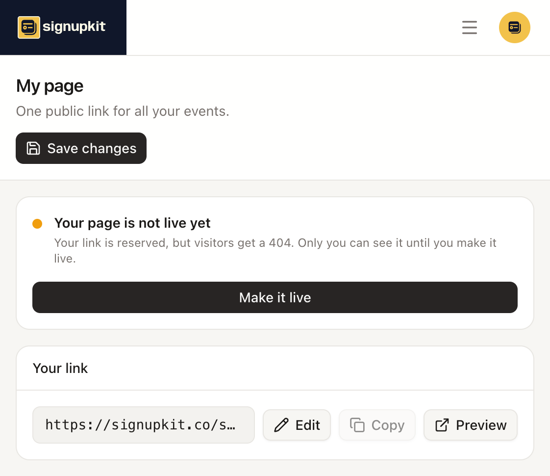 My page with Make it live, and a reserved link with Edit, Copy, and Preview