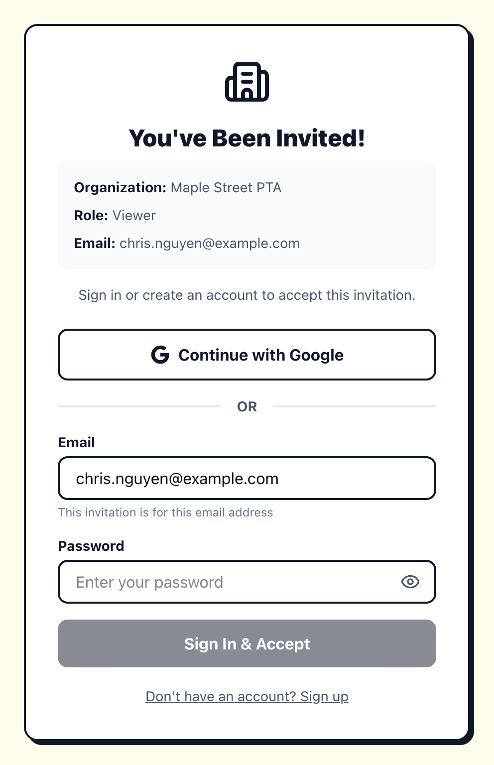 Invitation page showing the organization name, the role, and the invited email address, with sign-in options