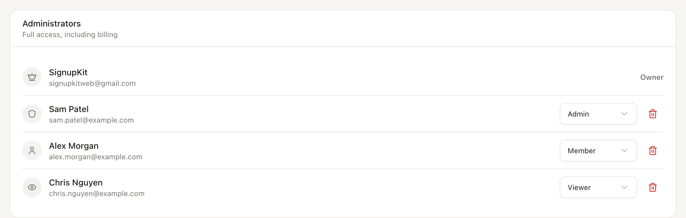 Administrators list with an owner, an admin, a member, and a viewer, each with a role menu and a remove button