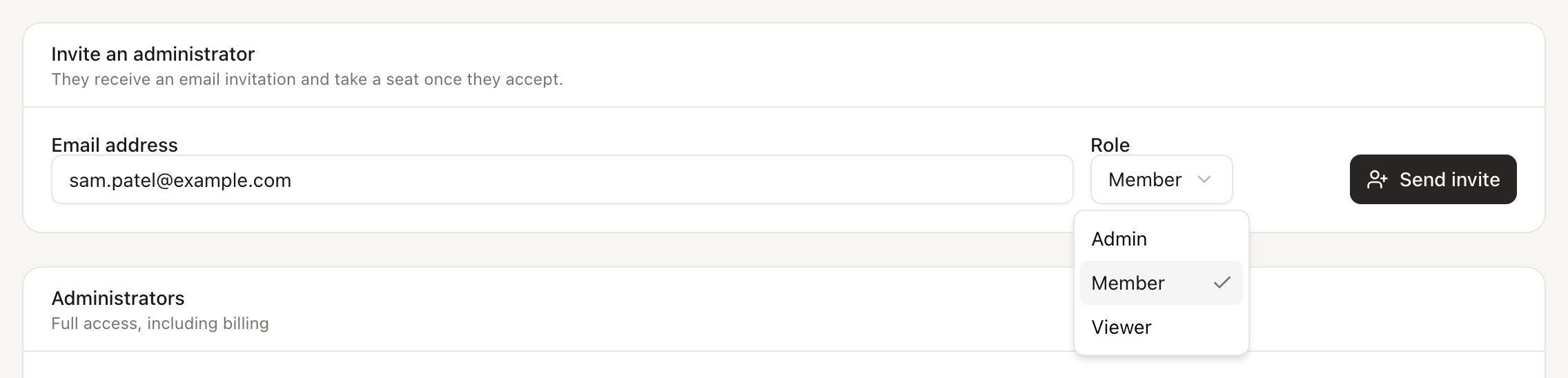 Invite an administrator form with an email address and the Admin, Member, and Viewer roles