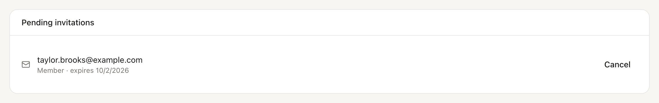 Pending invitations list showing one invitation with its role, expiry date, and a Cancel button