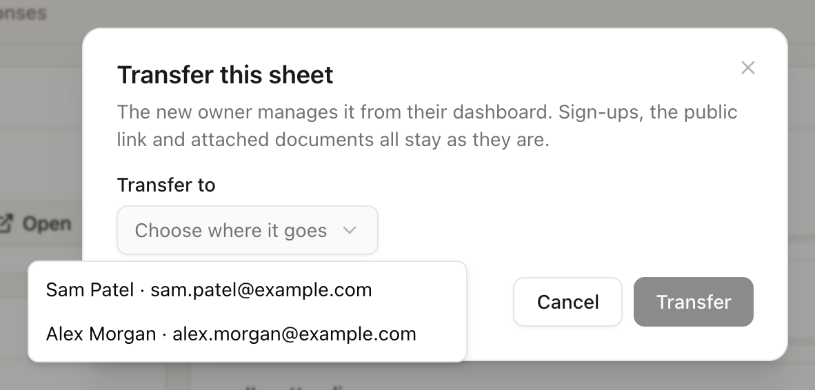 Transfer this sheet dialog with a list of colleagues to choose from