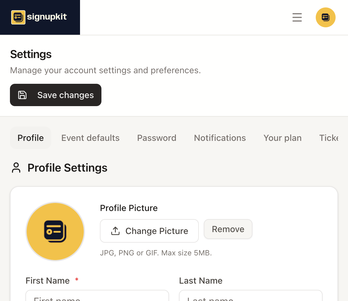 Settings with Profile, Event defaults, Password, Notifications, Your plan, and Ticket payments