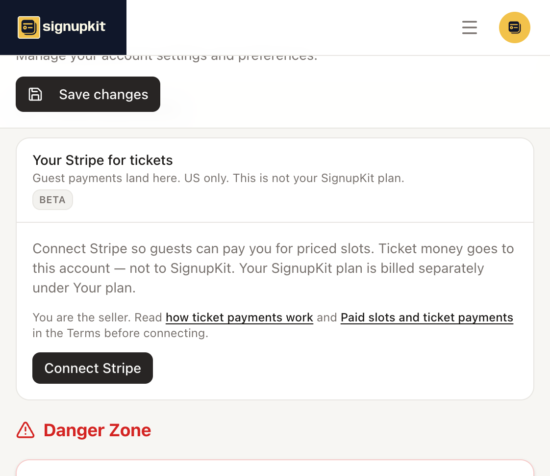 Settings card titled Your Stripe for tickets, with a Connect Stripe button
